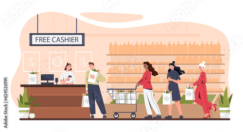Queue at store or shop concept. Men and women with baskets and bags of groceries. Free cashier with clients and buyers. Shopping mall with groceries. Cartoon flat vector illustration
