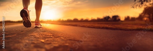 Banner, close up of runner's trainers, running on long straight road into a setting sun.