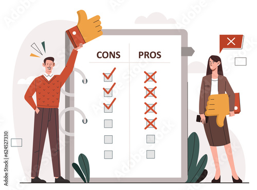 Pros and cons concept. Man and woman near sheet compare options, make decision. To do list and planner. Goal setting and planning. Advantages or disadvantages. Cartoon flat vector illustration
