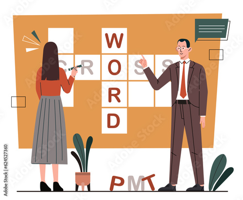 People with crossword concept. Intellectual game for logic and erudition. Development of logical thinking. Brain training and puzzle and riddle solving. Cartoon flat vector illustration