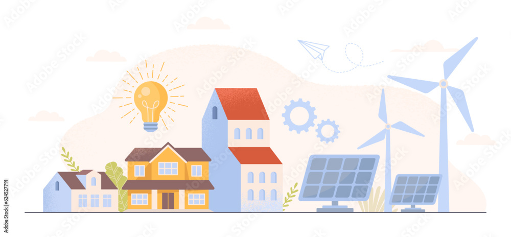 Ecological energy concept. Solar panels and windmills next to house and building. Caring for nature and ecology, reducing release of hazardous waste into atmosphere. Cartoon flat vector illustration