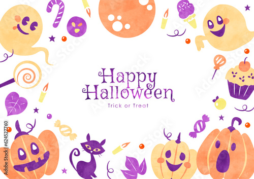 ハロウィンの背景フレーム お菓子とカボチャとおばけの水彩イラスト枠