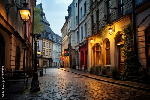 European Street with Old Stone Buildings and Clean Cobbled Paths Generative AI