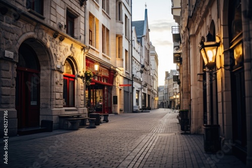 European Street with Old Stone Buildings and Clean Cobbled Paths Generative AI © Ecleposs