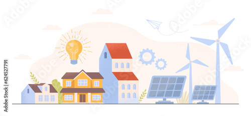 Ecological energy concept. Solar panels and windmills next to house and building. Caring for nature and ecology, reducing release of hazardous waste into atmosphere. Cartoon flat vector illustration