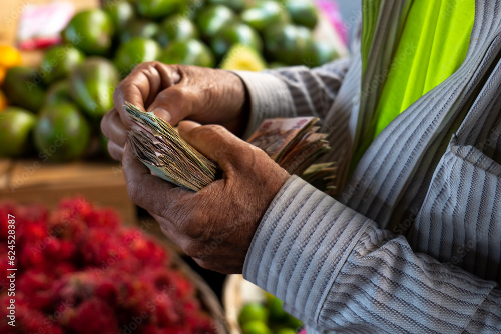 Old Man Hands Count Lempiras (Money Bills) by a Bunch of Ripe Rambutan and Avocados by a Stall in Colorful Market