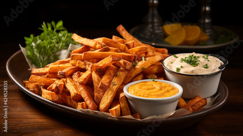 A platter of crispy and seasoned sweet potato fries, accompanied by a tangy dipping sauce