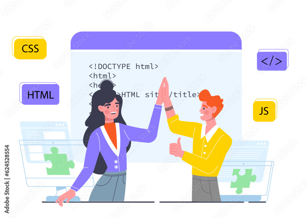 Web development teamwork concept. Man and woman developing mobile application or program, software and website. IT specialists and programmers, developers. Cartoon flat vector illustration Web development teamwork concept. Man and woman developing mobile application or program, software and website. IT specialists and programmers, developers. Cartoon flat vector illustration