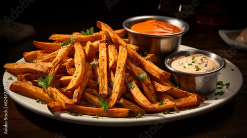 A platter of crispy and seasoned sweet potato fries, accompanied by a tangy dipping sauce