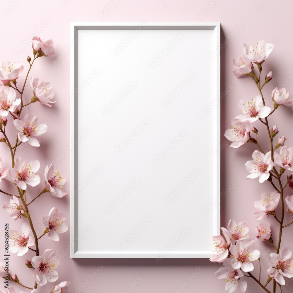 Mockup frame, Flowery Wallpaper Complemented by a Delicate Pastel Mockup Frame. Generative AI