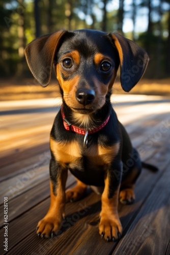 Wide-angle photograph of a Dachshund dog inside a house AI Generated