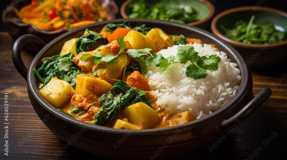 A bowl of hearty and fragrant vegetable curry, packed with spices and served with steamed rice A bowl of hearty and fragrant vegetable curry, packed with spices and served with steamed rice