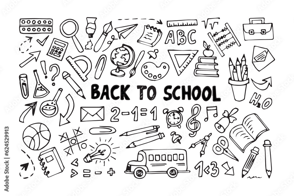 Back to school set in doodle style isolated on white background.Doodle lettering and school object collection. Sketch icon.Vector illustration. Back to school set in doodle style isolated on white background.Doodle lettering and school object collection. Sketch icon.Vector illustration.