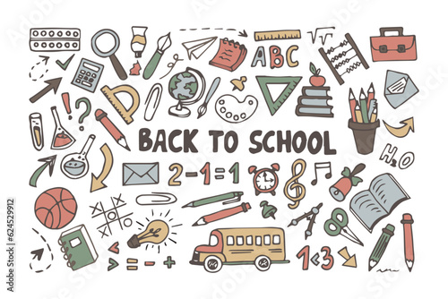 Back to school set in doodle style isolated on white background.Doodle lettering and school object collection. Sketch icon.Vector illustration.