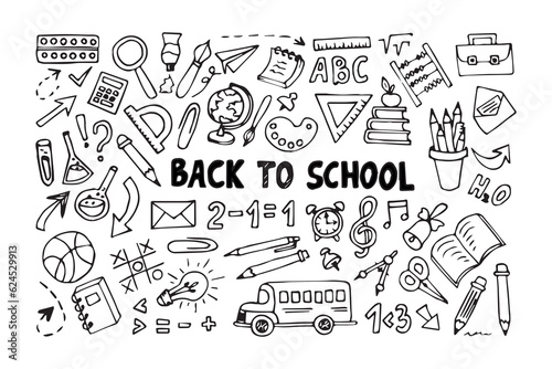 Back to school set in doodle style isolated on white background.Doodle lettering and school object collection. Sketch icon.Vector illustration.