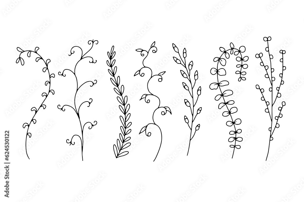 Hand drawn wild flowers illustrations set isolated on white background. Minimalist floral doodles.