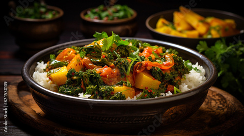 A bowl of hearty and fragrant vegetable curry, packed with spices and served with steamed rice