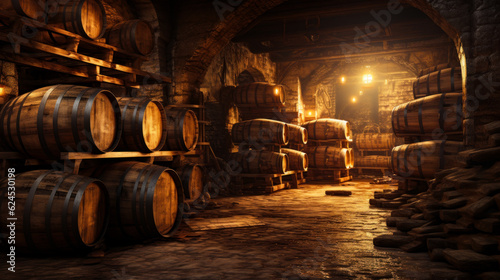 Old stone basement of the winery. Large wooden barrels of wine are stored in the cellar. Generative AI.
