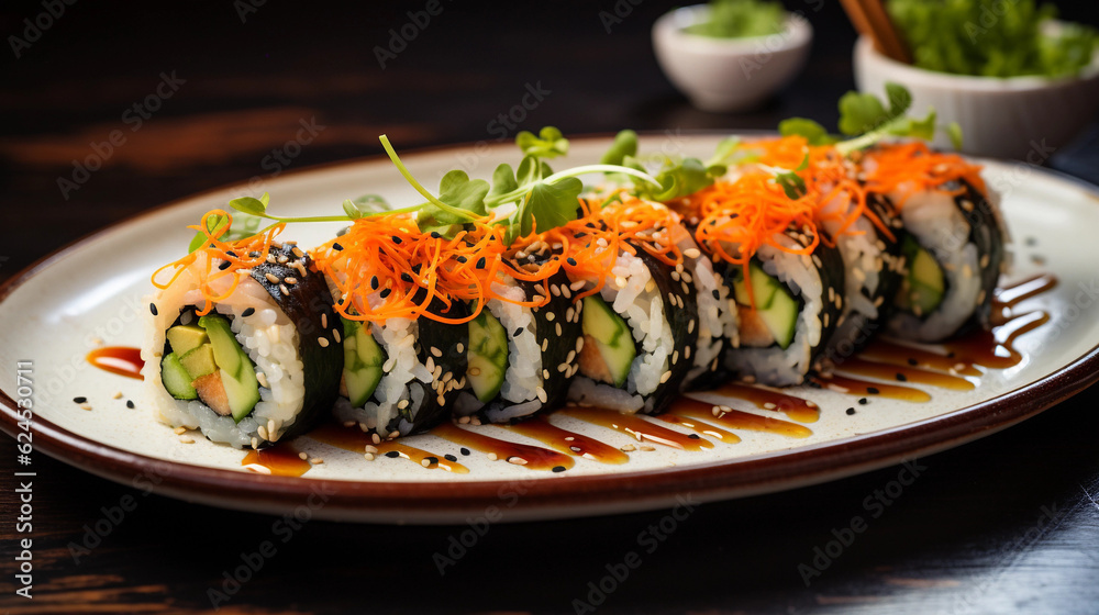 A plate of vibrant vegetable sushi rolls, made with fresh ingredients and served with soy sauce and wasabi A plate of vibrant vegetable sushi rolls, made with fresh ingredients and served with soy sauce and wasabi