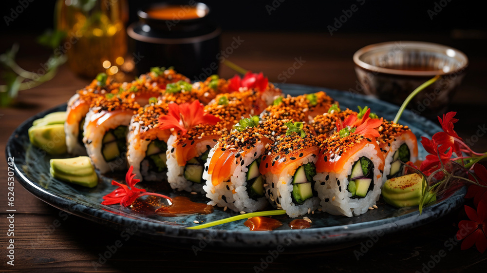 A plate of vibrant vegetable sushi rolls, made with fresh ingredients and served with soy sauce and wasabi A plate of vibrant vegetable sushi rolls, made with fresh ingredients and served with soy sauce and wasabi
