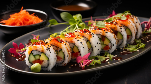 A plate of vibrant vegetable sushi rolls, made with fresh ingredients and served with soy sauce and wasabi