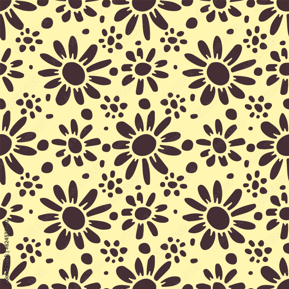 Seamless pattern with retro flowers. 70s style monochrome floral background