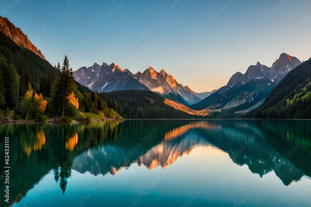 reflection of mountains in the lake generated ai