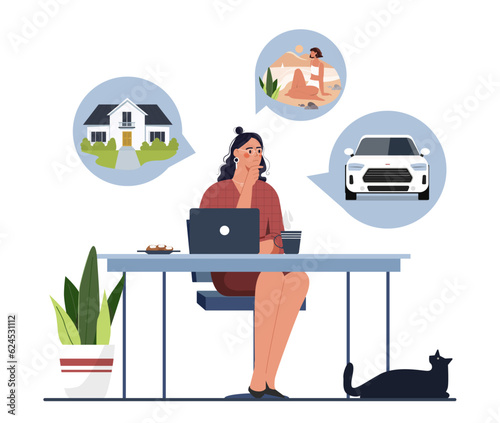 Woman dreaming at work concept. Young girl thinks about vacation, car and home. Financial planning, savings and budget. Lazy office employee with speech bubbles. Cartoon flat vector illustration