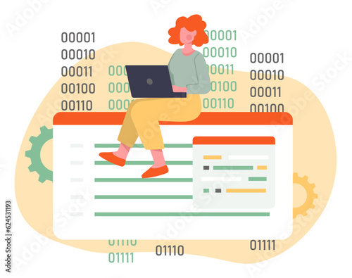 Woman with binary code concept. Young girl with laptop sitting at website template. Programmer and IT specialist, back end developer. Application and software. Cartoon flat vector illustration