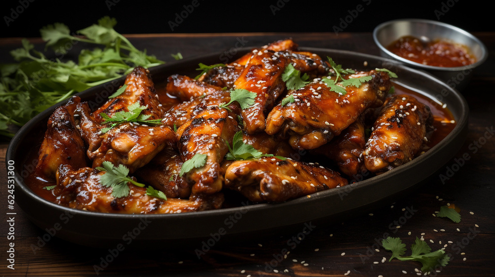 A tray of golden-brown chicken wings, glazed with a sticky barbecue sauce