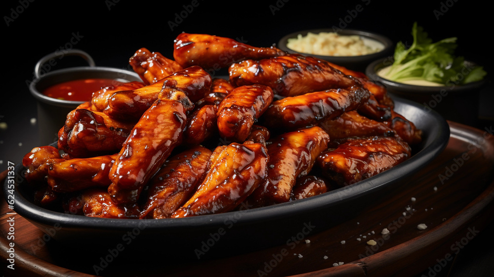 A tray of golden-brown chicken wings, glazed with a sticky barbecue sauce
