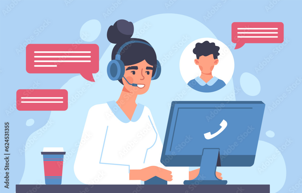 Woman in call center concept. Young girl sits in headphones at computer and answers questions from customers. Technical support, hot line. Consultant and assistant. Cartoon flat vector illustration