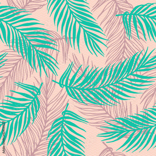 Repeat jungle palm leaves vector pattern. Botanical design over waves texture