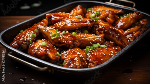 A tray of golden-brown chicken wings, glazed with a sticky barbecue sauce © Milan