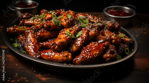 A tray of golden-brown chicken wings, glazed with a sticky barbecue sauce