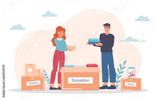 People with donation boxes concept. Man and woman ith clothes for foundation. Charity and kindness, generosity. Aid, support and care. Activists and volunteers. Cartoon flat vector illustration