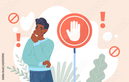 Man with forbidden gesture concept. Young guy near red sign with hand silhouette. Refusal and ban. Character with error and failure. Danger or safety caution. Cartoon flat vector illustration