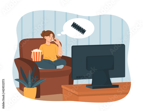 Young girl watch film concept. Woman with pop corn sitting at sofa at watch tv show, movie or series. Evening leisure and entertainment. Character with sweet food. Cartoon flat vector illustration