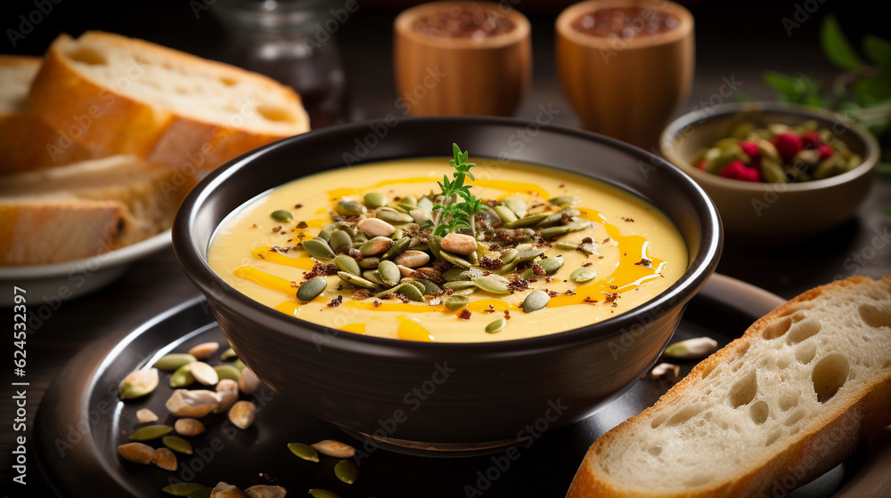 A bowl of creamy and aromatic butternut squash soup, sprinkled with toasted pumpkin seeds A bowl of creamy and aromatic butternut squash soup, sprinkled with toasted pumpkin seeds