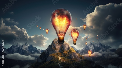 Light bulb and mountain landscape. Concept of idea, business, solution, success