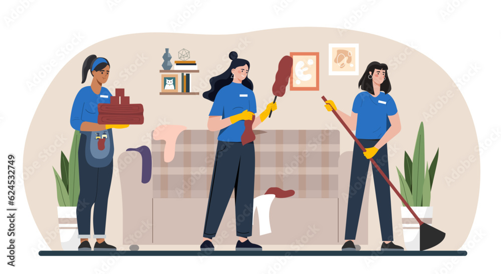 Maid service at home concept. Women in uniform clean apartment. Staff wash floor, wipe dust and wash things. Cleanliness, routine and household chores. Cartoon flat vector illustration