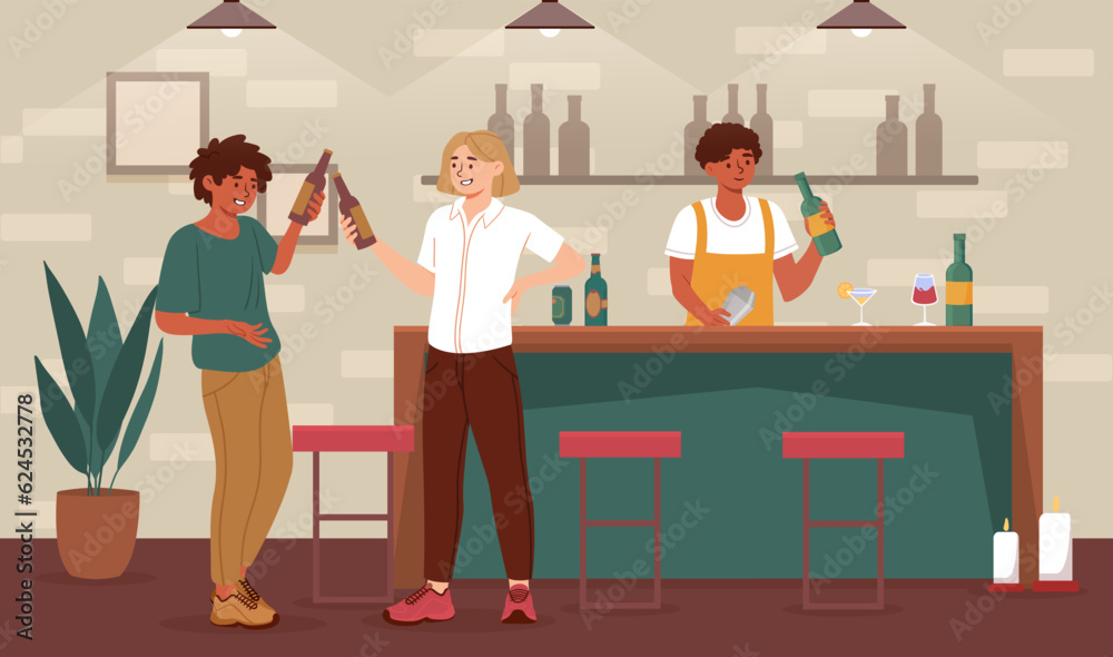 Man drink in bar concept. Young guy and girl with bottles of alcoholic drinks. People rest in pub or cafe. Party or event, disco. Bevrage and alcohol. Cartoon flat vector illustration Man drink in bar concept. Young guy and girl with bottles of alcoholic drinks. People rest in pub or cafe. Party or event, disco. Bevrage and alcohol. Cartoon flat vector illustration