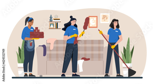 Maid service at home concept. Women in uniform clean apartment. Staff wash floor, wipe dust and wash things. Cleanliness, routine and household chores. Cartoon flat vector illustration
