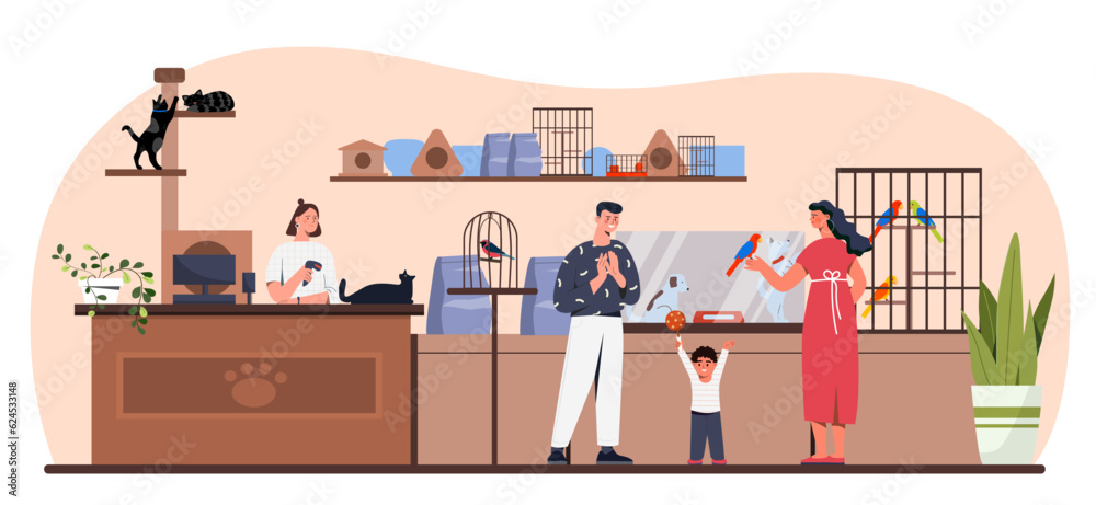 People at pet shop concept. Men and women with children choose cats and dogs, buy goods for their pets. Support love and care about domestic animals. Cartoon flat vector illustration
