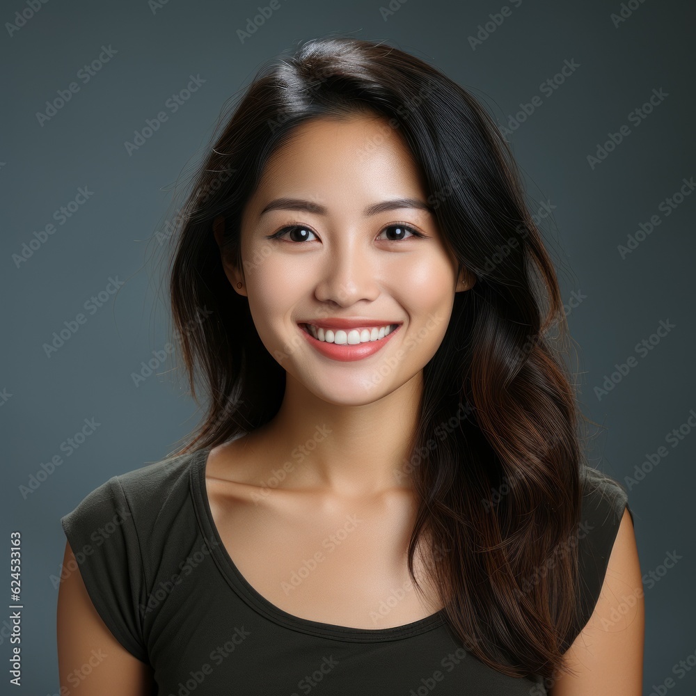 Portrait of a smiling young Asian woman with black hair on a gray background. Happy adult Asian woman with a smile in a shirt with long wavy hair. Cheerful Asian woman with shiny white teeth. Portrait of a smiling young Asian woman with black hair on a gray background. Happy adult Asian woman with a smile in a shirt with long wavy hair. Cheerful Asian woman with shiny white teeth.