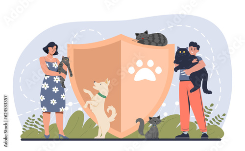 Protection of animals banner. Man and woman stand with cats in their hands next to shield with paw print. Love and care for pets. Activists and volunteers. Cartoon flat vector illustration