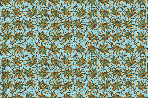 Graphic seamless italian pattern with tender flowers, branches and leaves in gold and green colors on light blue background. Hand drawn illustration with colored pencils texture (ID: 624533360)