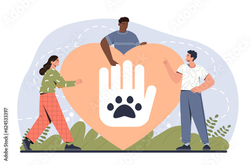 Protection of animals banner. Man and woman stand next to shield with paw print. Love and care for pets and domestic animals. Activists and volunteers, kindness. Cartoon flat vector illustration