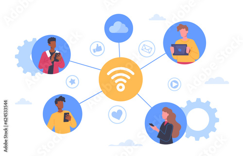 People in social media concept. Men and women with gadgets and devices communicate on Internet. Teenagers with wireless connection, wifi. Dialog and chat on Internet. Cartoon flat vector illustration