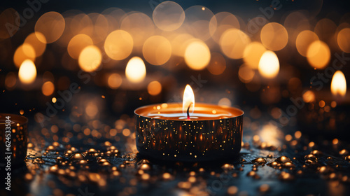 closeup of a burning candle with bokeh in the background